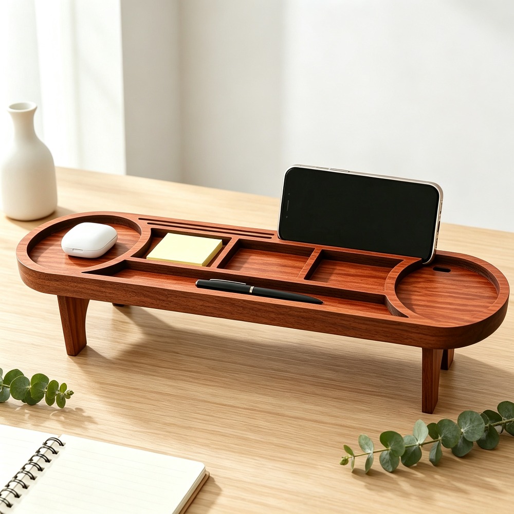 Tech Desktop Accessories - منظم مكتب خشبي مع حامل هاتف،